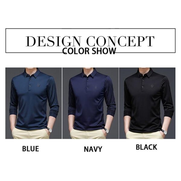 Men Casual Spring and Autumn T Shirt Turn down Collar Solid Color Striped Long Sleeve Design Men T shirt Slim Long Tops - Image 6