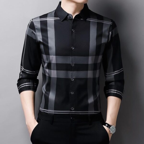 New High Quality Men Slim Fit Silk Dress Shirt Spring Long Sleeve Casual Plaid Shirts - Image 4