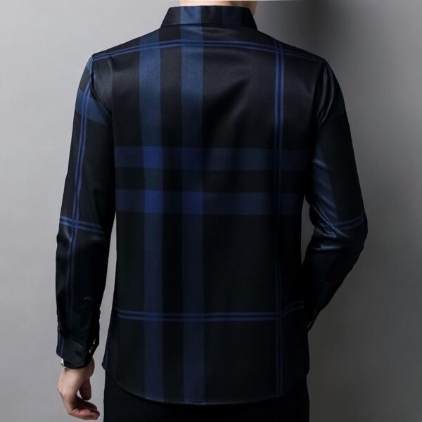 New High Quality Men Slim Fit Silk Dress Shirt Spring Long Sleeve Casual Plaid Shirts - Image 3