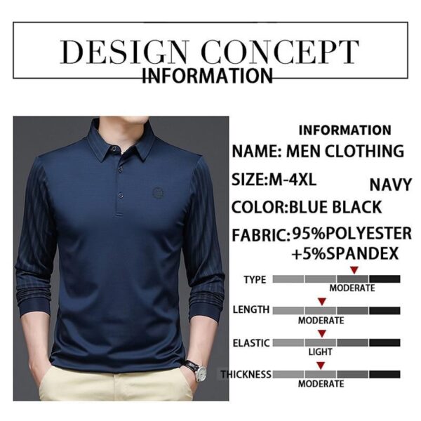 Men Casual Spring and Autumn T Shirt Turn down Collar Solid Color Striped Long Sleeve Design Men T shirt Slim Long Tops - Image 8