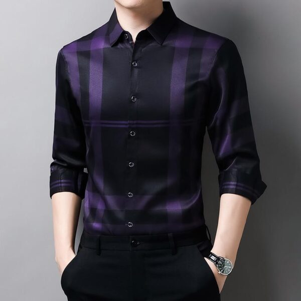 New High Quality Men Slim Fit Silk Dress Shirt Spring Long Sleeve Casual Plaid Shirts - Image 2