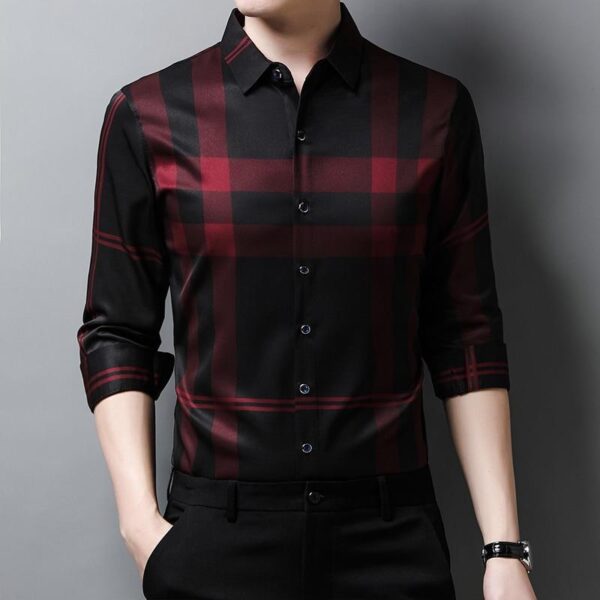 New High Quality Men Slim Fit Silk Dress Shirt Spring Long Sleeve Casual Plaid Shirts - Image 5