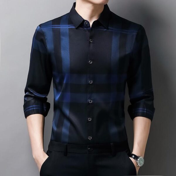 New High Quality Men Slim Fit Silk Dress Shirt Spring Long Sleeve Casual Plaid Shirts - Image 6