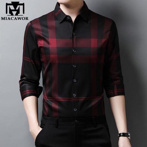 New High Quality Men Slim Fit Silk Dress Shirt Spring Long Sleeve Casual Plaid Shirts